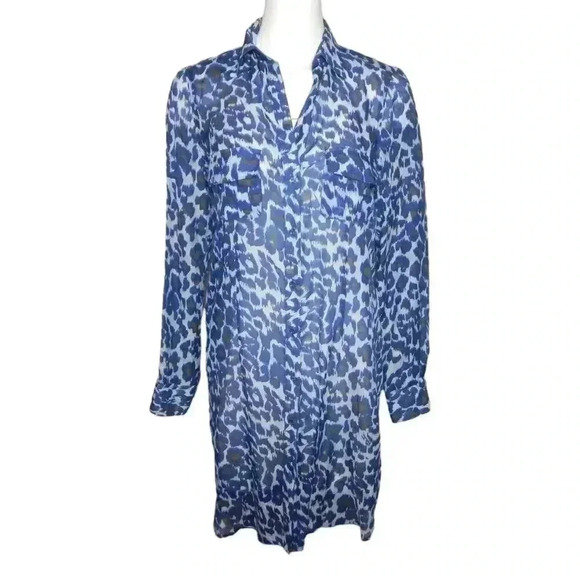 Gerard Darel Sheer Shirt Dress Size 38 US 6 Blue Leopard Print Tunic Cotton Silk - Picture 2 of 5